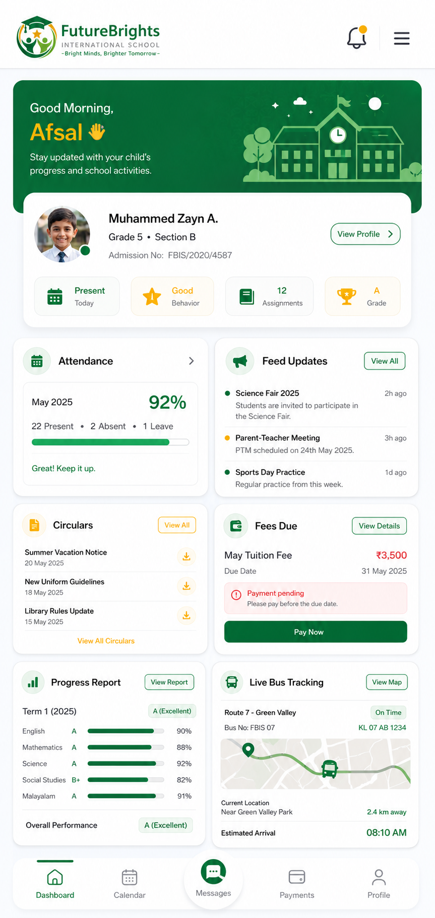 FutureBrights parent dashboard screen